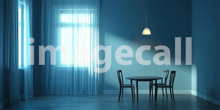 Blue Room Solitude: Table and Chairs in Soft Light, Window with Sheer Curtains, a Quiet Space in Monochromatic Hues.