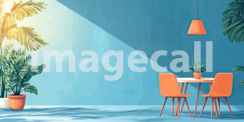 Blue Room Solitude: Table and Chairs in Soft Light, Window with Sheer Curtains, a Quiet Space in Monochromatic Hues.