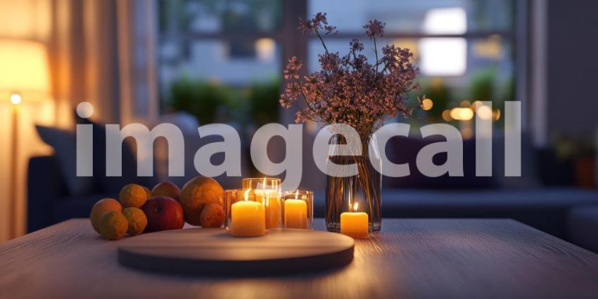 Golden Hour Still Life: Flowers, Candles, and Fruit on Table, Warm Light Fills a Cozy, Inviting Living Space.