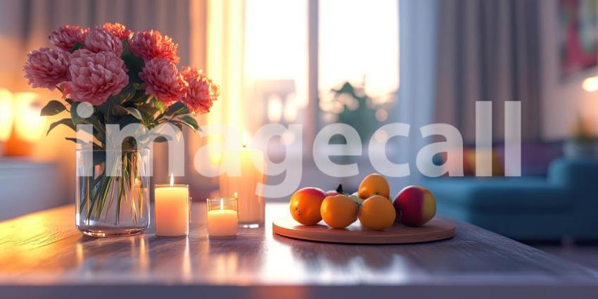 Golden Hour Still Life: Flowers, Candles, and Fruit on Table, Warm Light Fills a Cozy, Inviting Living Space.
