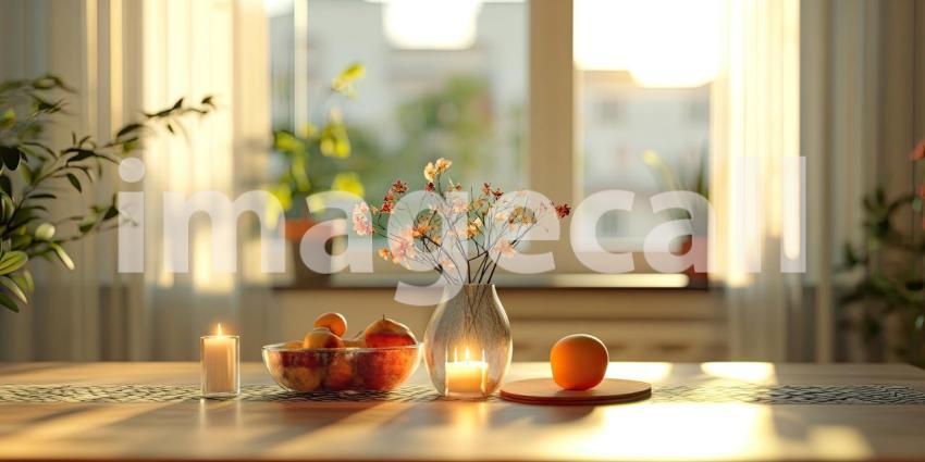 Golden Hour Still Life: Flowers, Candles, and Fruit on Table, Warm Light Fills a Cozy, Inviting Living Space.