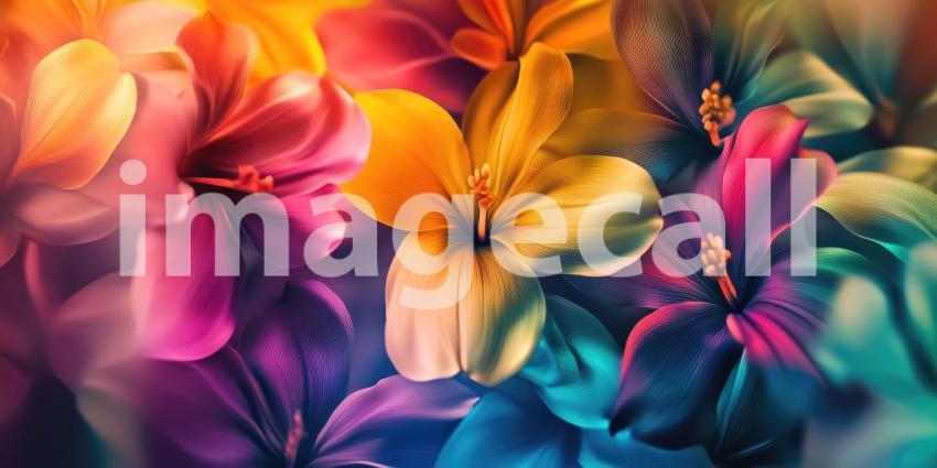 Rainbow Floral Bloom: Vibrant Petals in a Spectrum of Colors, a Dreamy Garden of Exotic Flowers in Soft Focus.