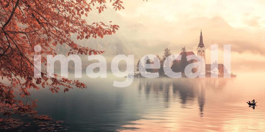 Misty Lakeside Village: Autumn Tree and Reflections, Mountains Fade into Fog, a Tranquil Scene of Serene Isolation.