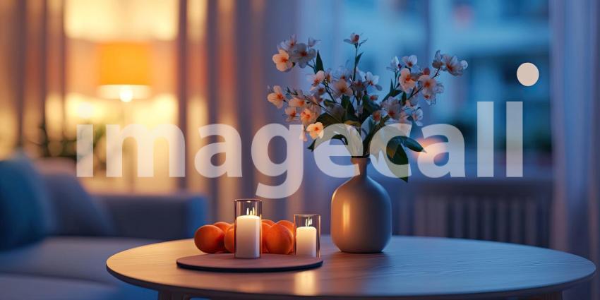 Golden Hour Still Life: Flowers, Candles, and Fruit on Table, Warm Light Fills a Cozy, Inviting Living Space.