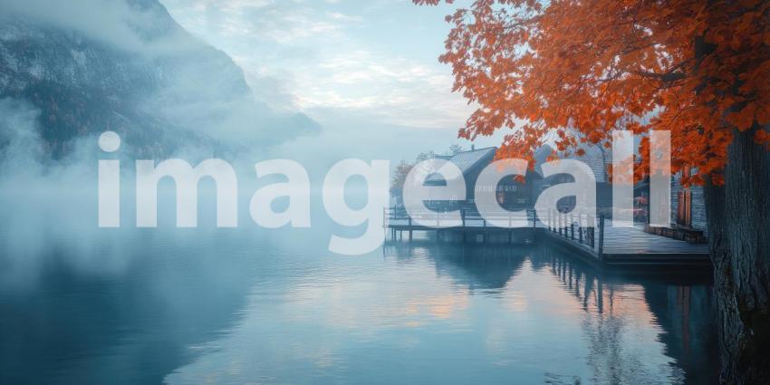 Misty Lakeside Village: Autumn Tree and Reflections, Mountains Fade into Fog, a Tranquil Scene of Serene Isolation.
