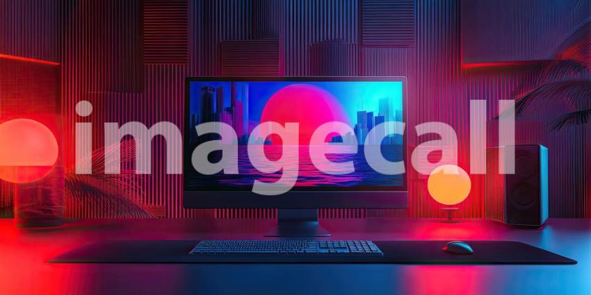 Gaming Setup Glow: Curved Monitor and PC on Wooden Desk, Warm Light and Plants, a Cozy and Modern Workspace.