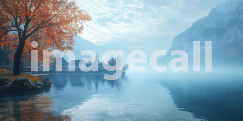 Misty Lakeside Village: Autumn Tree and Reflections, Mountains Fade into Fog, a Tranquil Scene of Serene Isolation.