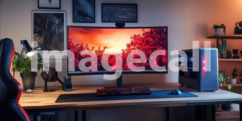 Gaming Setup Glow: Curved Monitor and PC on Wooden Desk, Warm Light and Plants, a Cozy and Modern Workspace.