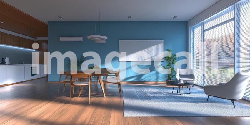 Blue Room Solitude: Table and Chairs in Soft Light, Window with Sheer Curtains, a Quiet Space in Monochromatic Hues.