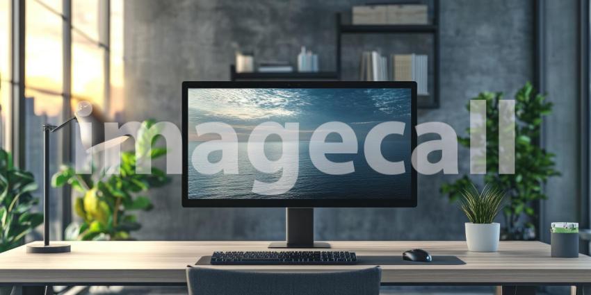 Gaming Setup Glow: Curved Monitor and PC on Wooden Desk, Warm Light and Plants, a Cozy and Modern Workspace.