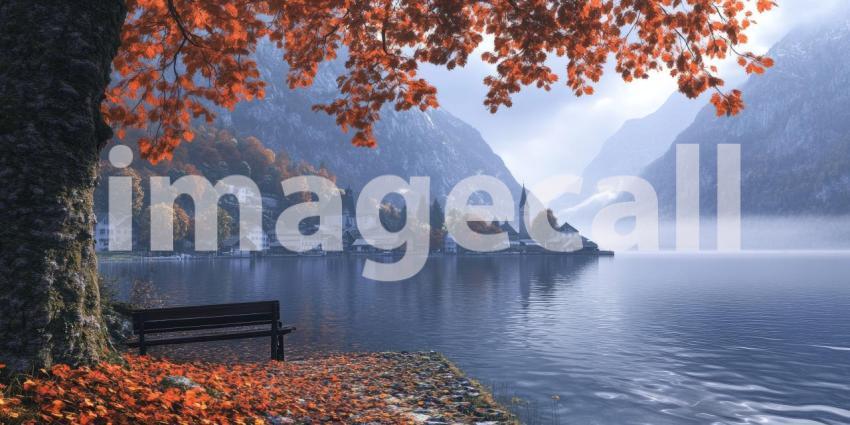 Misty Lakeside Village: Autumn Tree and Reflections, Mountains Fade into Fog, a Tranquil Scene of Serene Isolation.