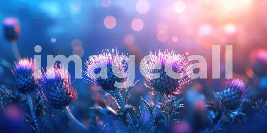 Purple Thistle Bloom: Spiky Flower on Blue Background, Close-Up of Delicate Petals and Sharp Details in Soft Light.