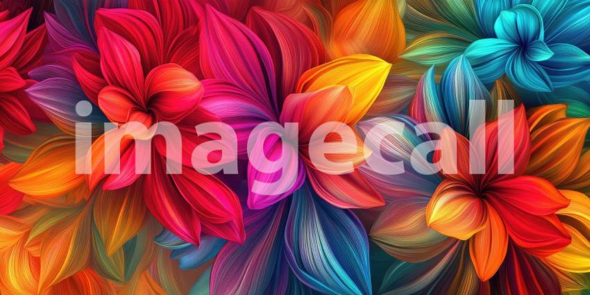 Rainbow Floral Bloom: Vibrant Petals in a Spectrum of Colors, a Dreamy Garden of Exotic Flowers in Soft Focus.