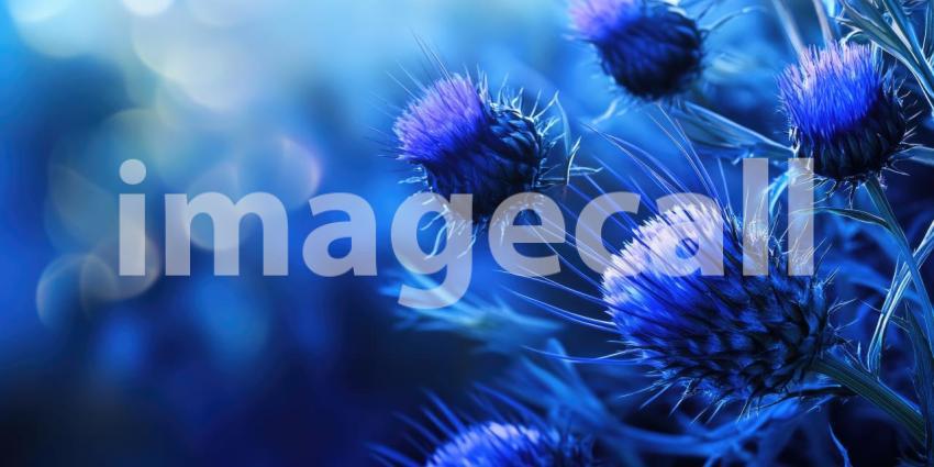 Purple Thistle Bloom: Spiky Flower on Blue Background, Close-Up of Delicate Petals and Sharp Details in Soft Light.