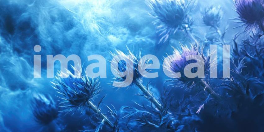 Purple Thistle Bloom: Spiky Flower on Blue Background, Close-Up of Delicate Petals and Sharp Details in Soft Light.
