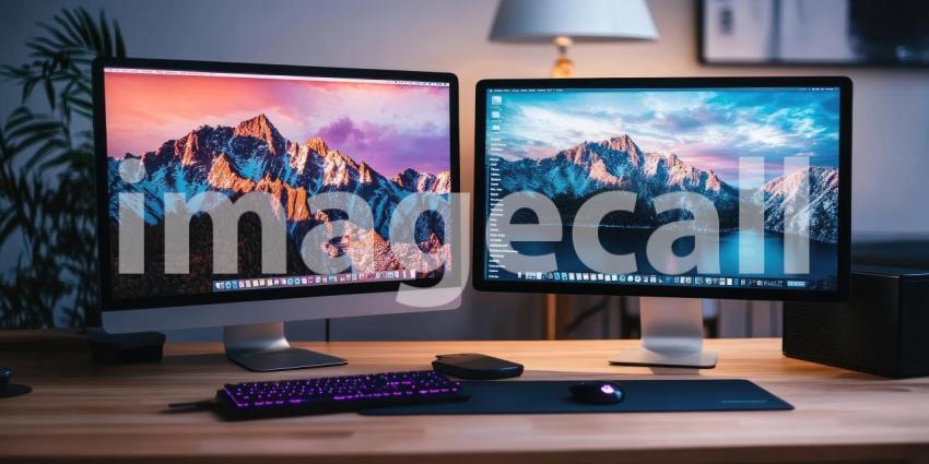 Gaming Setup Glow: Curved Monitor and PC on Wooden Desk, Warm Light and Plants, a Cozy and Modern Workspace.