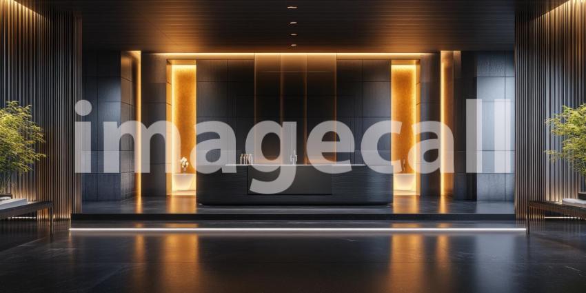 Modern Lobby Elegance: Marble and Wood Accents, Soft Seating and Lighting, a Luxurious and Inviting Architectural Space.