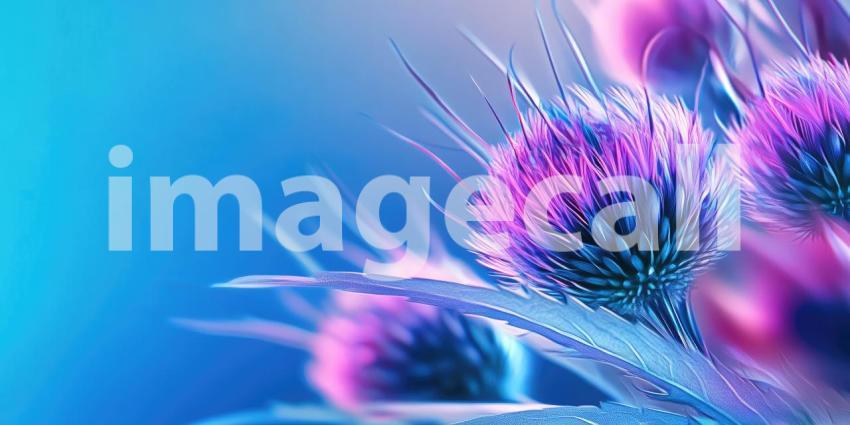 Purple Thistle Bloom: Spiky Flower on Blue Background, Close-Up of Delicate Petals and Sharp Details in Soft Light.