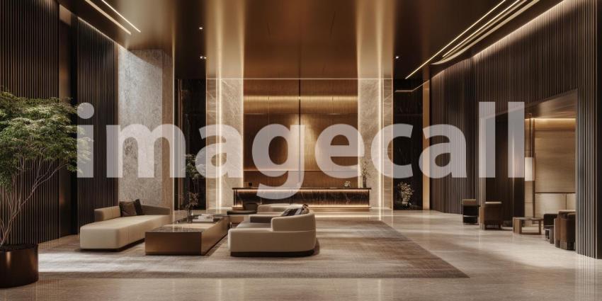 Modern Lobby Elegance: Marble and Wood Accents, Soft Seating and Lighting, a Luxurious and Inviting Architectural Space.