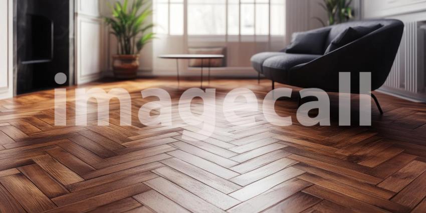 Herringbone Floor Elegance: Polished Wood Reflects Light, Modern Living Room with Soft Seating, a Luxurious Interior Design.