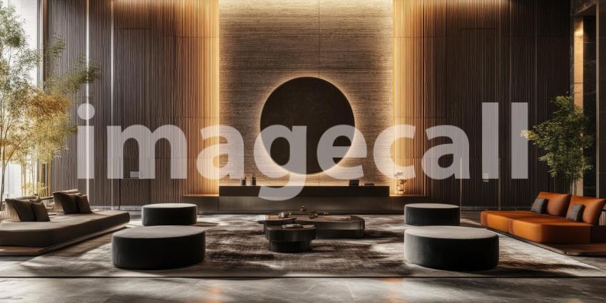 Modern Lobby Elegance: Marble and Wood Accents, Soft Seating and Lighting, a Luxurious and Inviting Architectural Space.