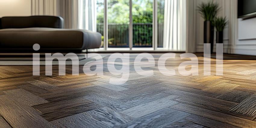 Herringbone Floor Elegance: Polished Wood Reflects Light, Modern Living Room with Soft Seating, a Luxurious Interior Design.