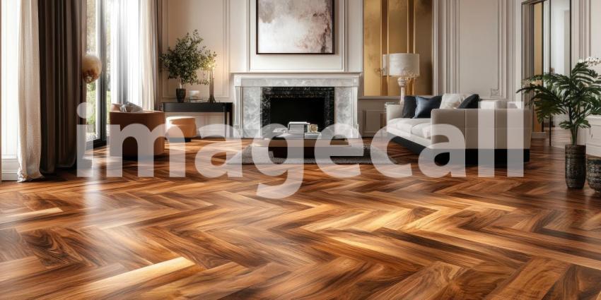 Herringbone Floor Elegance: Polished Wood Reflects Light, Modern Living Room with Soft Seating, a Luxurious Interior Design.