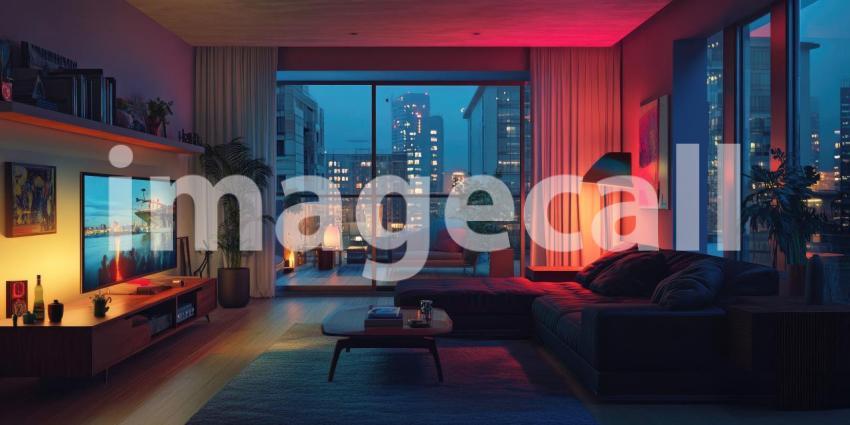 Hue Lit Living Room: Smart Lighting Accents Modern Decor, Soft Couch and Plants, a Vibrant and Cozy Interior Space.