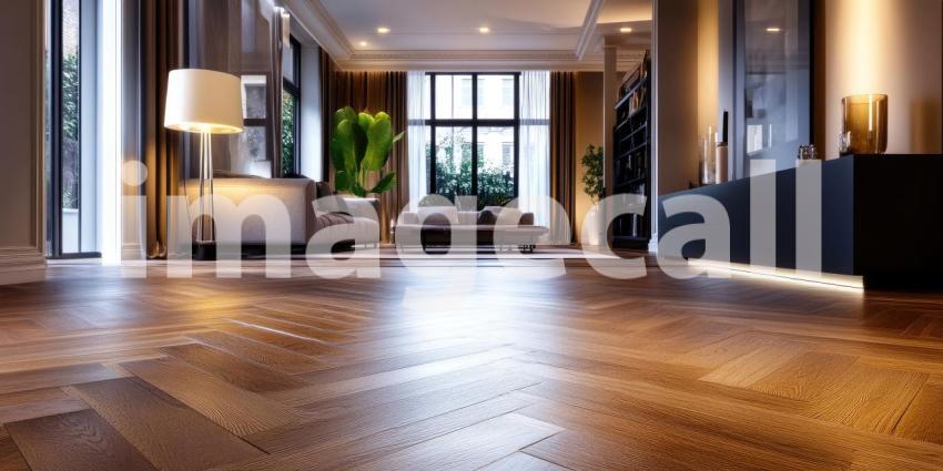 Herringbone Floor Elegance: Polished Wood Reflects Light, Modern Living Room with Soft Seating, a Luxurious Interior Design.
