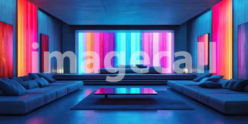 Hue Lit Living Room: Smart Lighting Accents Modern Decor, Soft Couch and Plants, a Vibrant and Cozy Interior Space.