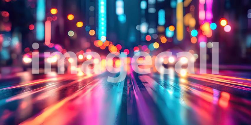 Neon Alley Glow: Reflecting Lights on Wet Pavement, Vibrant Colors Illuminate a Narrow Urban Passage in the Night.