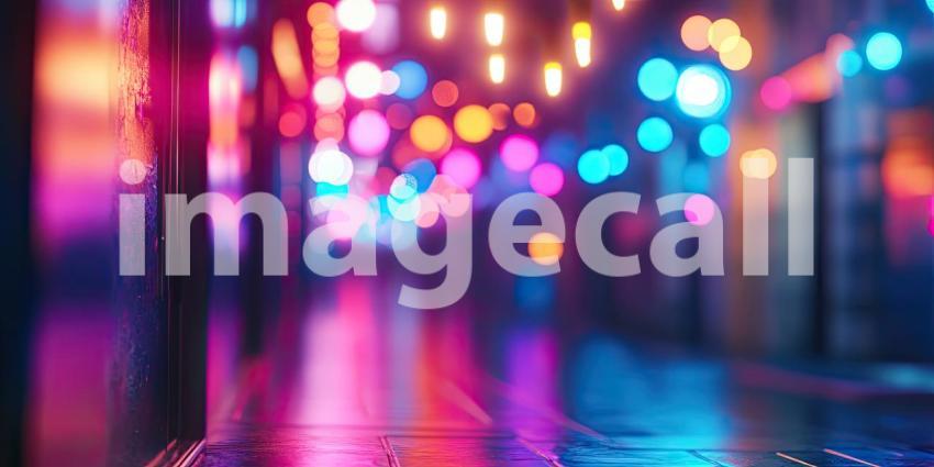 Neon Alley Glow: Reflecting Lights on Wet Pavement, Vibrant Colors Illuminate a Narrow Urban Passage in the Night.