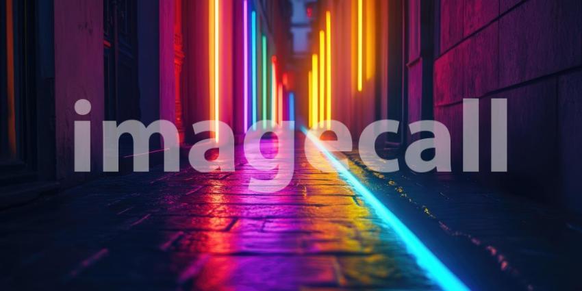 Neon Alley Glow: Reflecting Lights on Wet Pavement, Vibrant Colors Illuminate a Narrow Urban Passage in the Night.