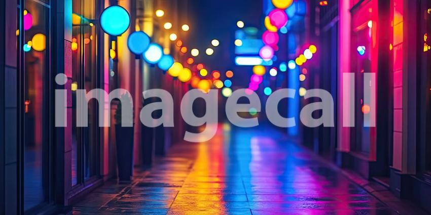 Neon Alley Glow: Reflecting Lights on Wet Pavement, Vibrant Colors Illuminate a Narrow Urban Passage in the Night.