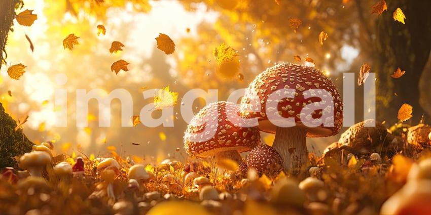 Autumn Mushroom Magic: Red-capped Toadstools and Falling Leaves, Golden Light in a Whimsical Forest Scene of Fall's Enchantment.
