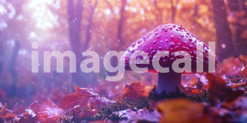 Autumn Mushroom Magic: Red-capped Toadstools and Falling Leaves, Golden Light in a Whimsical Forest Scene of Fall's Enchantment.