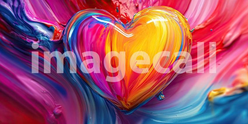 Liquid Heart Burst: Vibrant Colors Swirl in a Glossy Heart Shape, a Dynamic Abstract of Love and Fluid Motion.