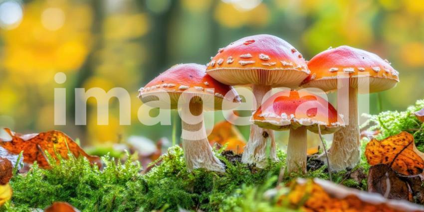 Autumn Mushroom Magic: Red-capped Toadstools and Falling Leaves, Golden Light in a Whimsical Forest Scene of Fall's Enchantment.