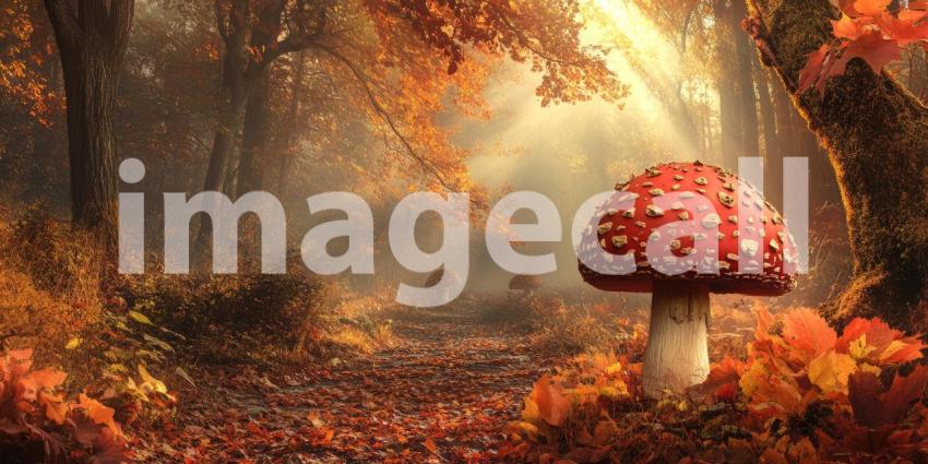 Autumn Mushroom Magic: Red-capped Toadstools and Falling Leaves, Golden Light in a Whimsical Forest Scene of Fall's Enchantment.