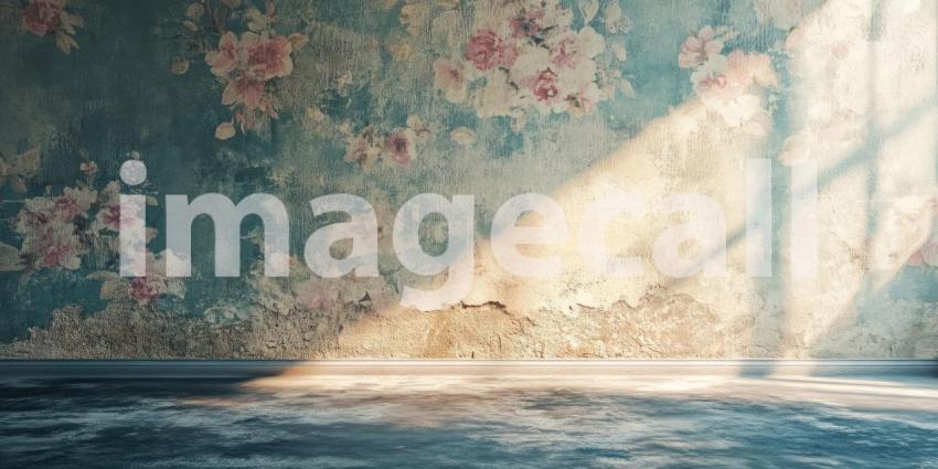 Faded Floral Wall: Sunlight on Distressed Texture, Vintage Wallpaper and Bare Floor, a Scene of Rustic Charm and Timeworn Beauty.