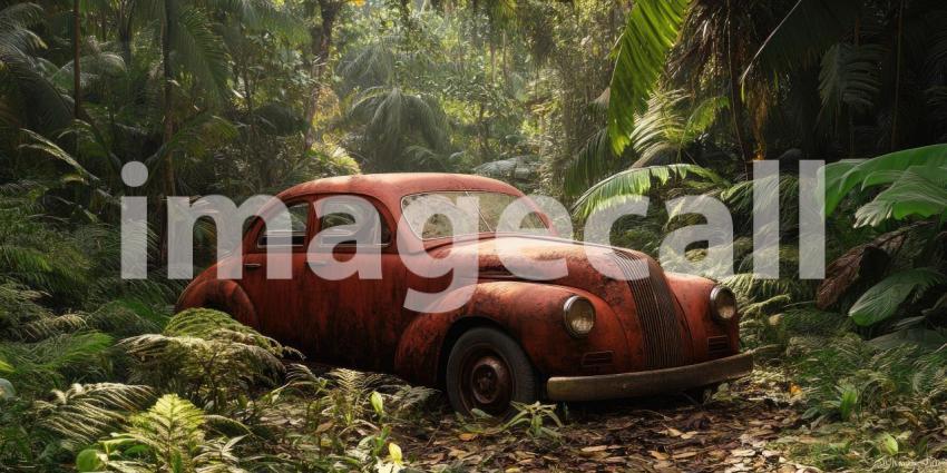 Vintage Car Abandoned in Lush Forest, Sunbeams Pierce Through Trees, a Nostalgic Scene of Forgotten Times.