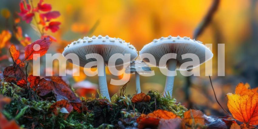 Autumn Mushroom Magic: Red-capped Toadstools and Falling Leaves, Golden Light in a Whimsical Forest Scene of Fall's Enchantment.
