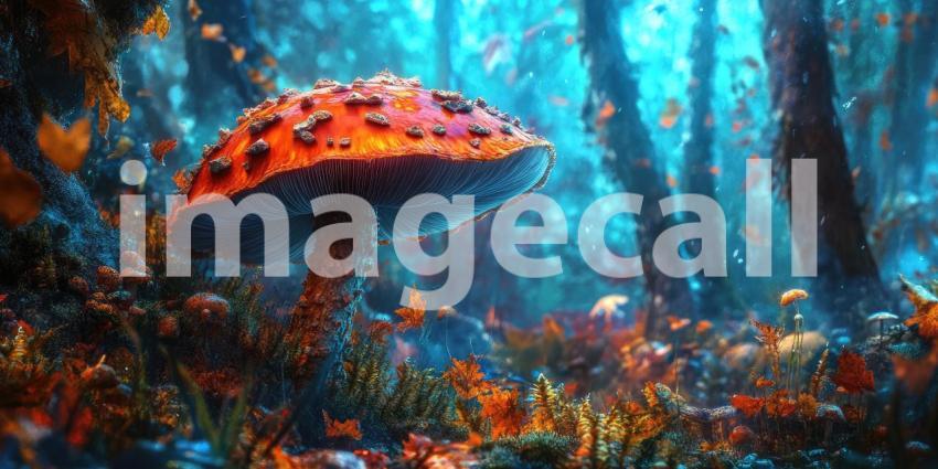 Autumn Mushroom Magic: Red-capped Toadstools and Falling Leaves, Golden Light in a Whimsical Forest Scene of Fall's Enchantment.