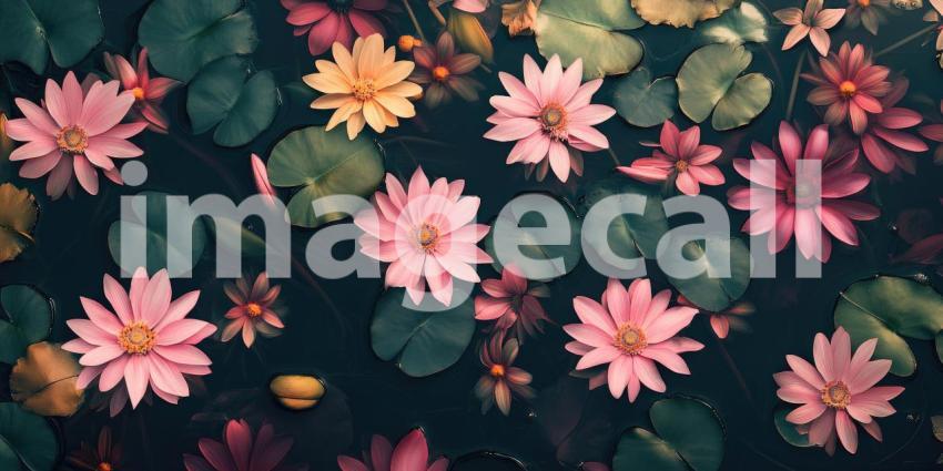 Hibiscus Garden Tapestry: Peach and Pink Blooms Among Lush Green Leaves, a Rich Botanical Pattern of Tropical Beauty and Serenity.