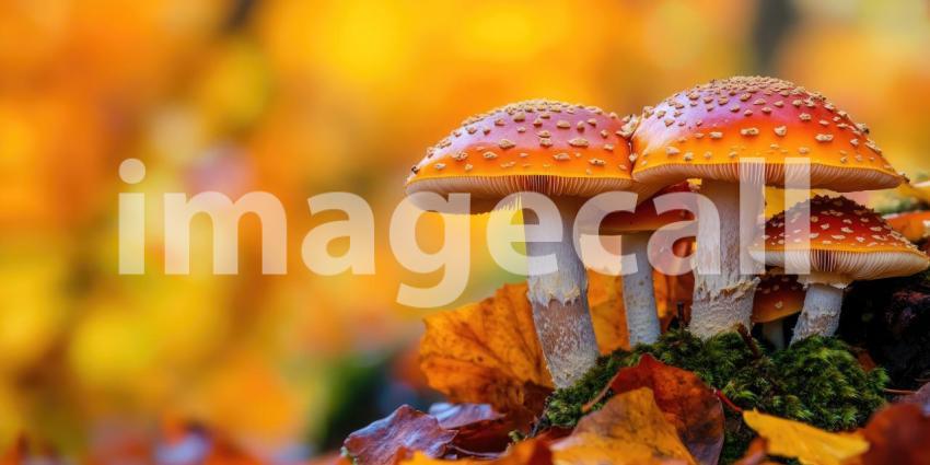 Autumn Mushroom Magic: Red-capped Toadstools and Falling Leaves, Golden Light in a Whimsical Forest Scene of Fall's Enchantment.