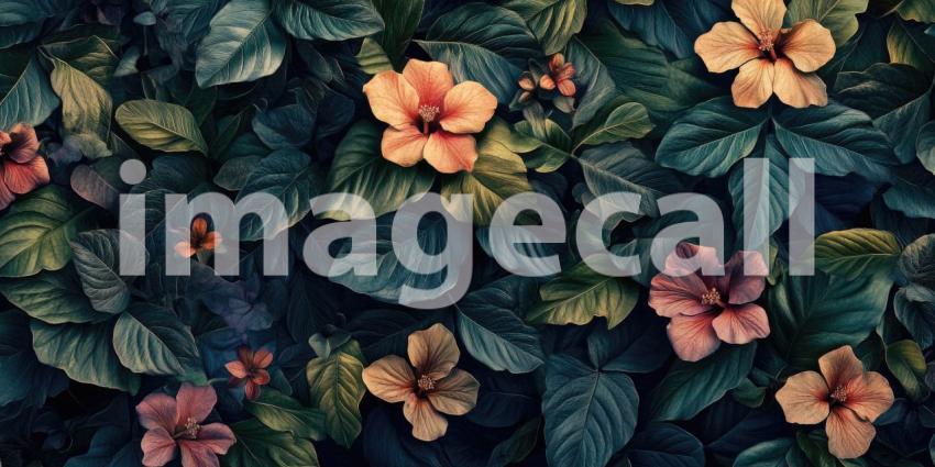 Hibiscus Garden Tapestry: Peach and Pink Blooms Among Lush Green Leaves, a Rich Botanical Pattern of Tropical Beauty and Serenity.