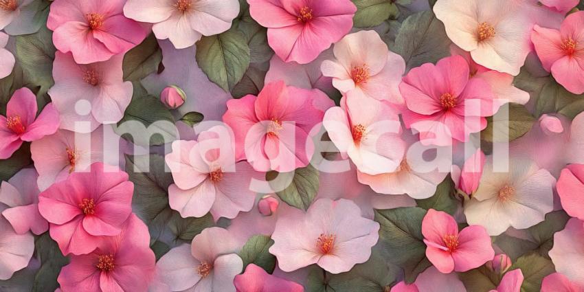 Hibiscus Garden Tapestry: Peach and Pink Blooms Among Lush Green Leaves, a Rich Botanical Pattern of Tropical Beauty and Serenity.