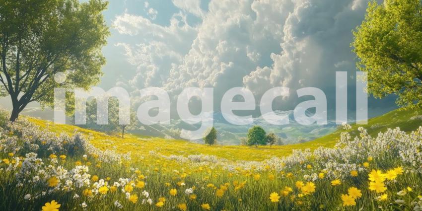 Alpine Meadow Dream: Flowers and Mountains Under Fluffy Clouds, a Path to a Distant Church in a Lush Valley.