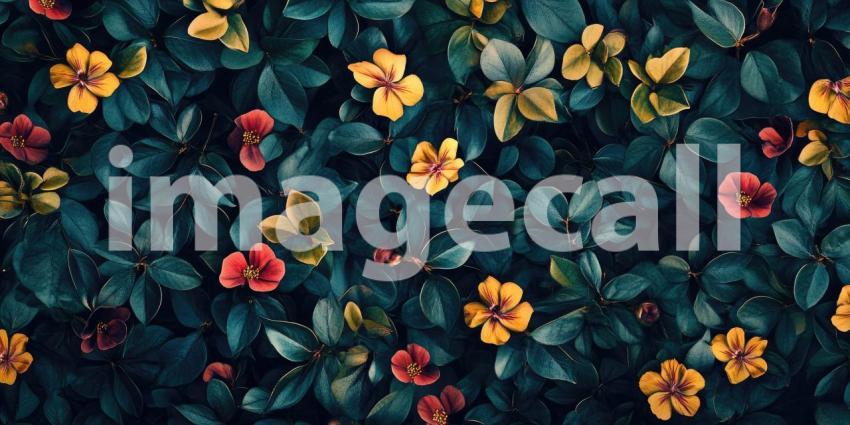 Hibiscus Garden Tapestry: Peach and Pink Blooms Among Lush Green Leaves, a Rich Botanical Pattern of Tropical Beauty and Serenity.