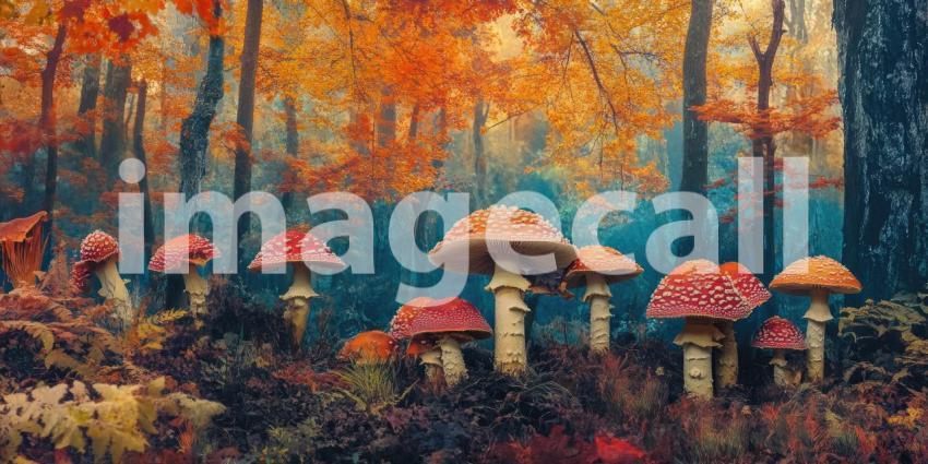 Autumn Mushroom Magic: Red-capped Toadstools and Falling Leaves, Golden Light in a Whimsical Forest Scene of Fall's Enchantment.